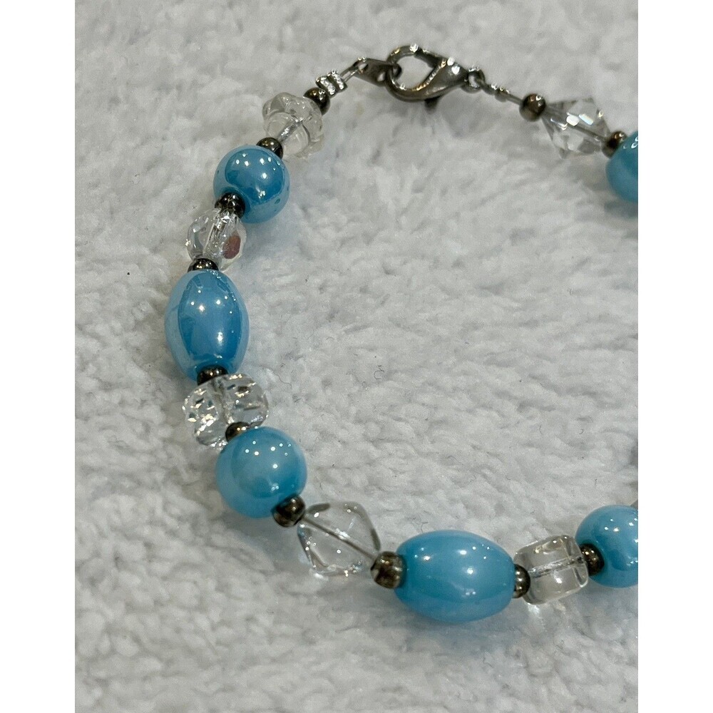 Vintage Glass Bead Bracelet 7.5” Long Blue Silver Tone Coastal Beachy - Picture 3 of 6